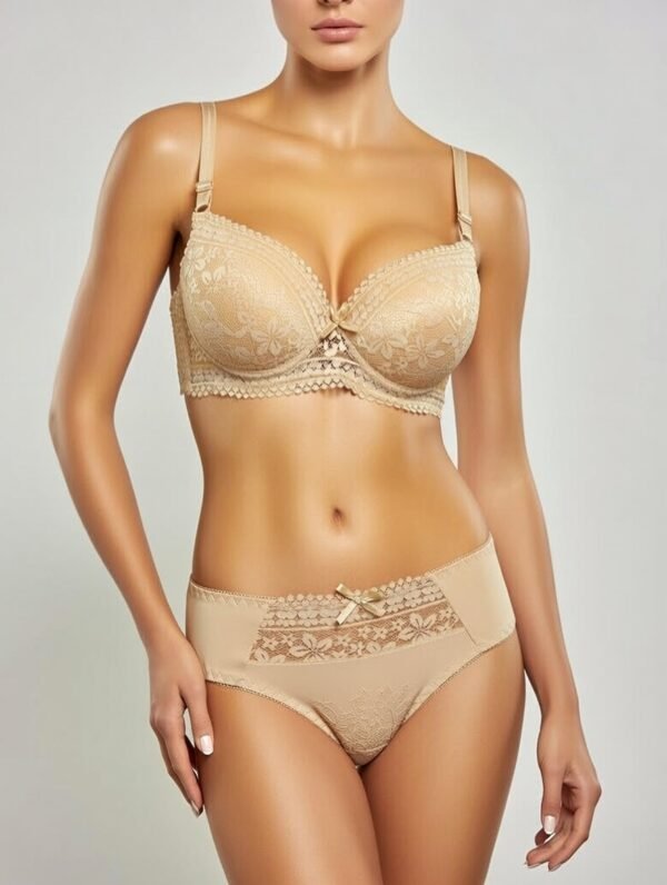 Luxurious Beige Lace Full-Coverage Bra with Floral Detailing