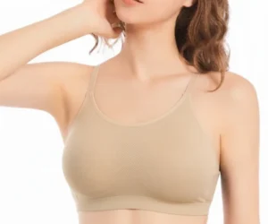 Beige Cross-Back Lace Bra with Padded Cups and Rhinestone Detailing