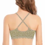 Beige Cross-Back Lace Bra with Padded Cups and Rhinestone Detailing
