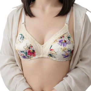 Vintage-Style Floral Print Non-Wired Bra – Romantic Lace Trim & Adjustable Straps
